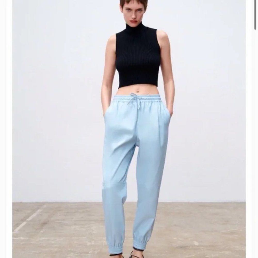 Zara Faux Leather High Waisted Baby Blue Drawstring  Women Bottom Jogger